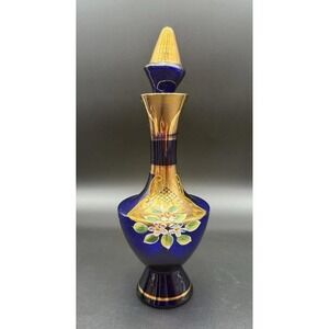 Vintage Decanter  Cobalt Blue Glass Gold Stopper Trim Handpainted Floral  Bottle